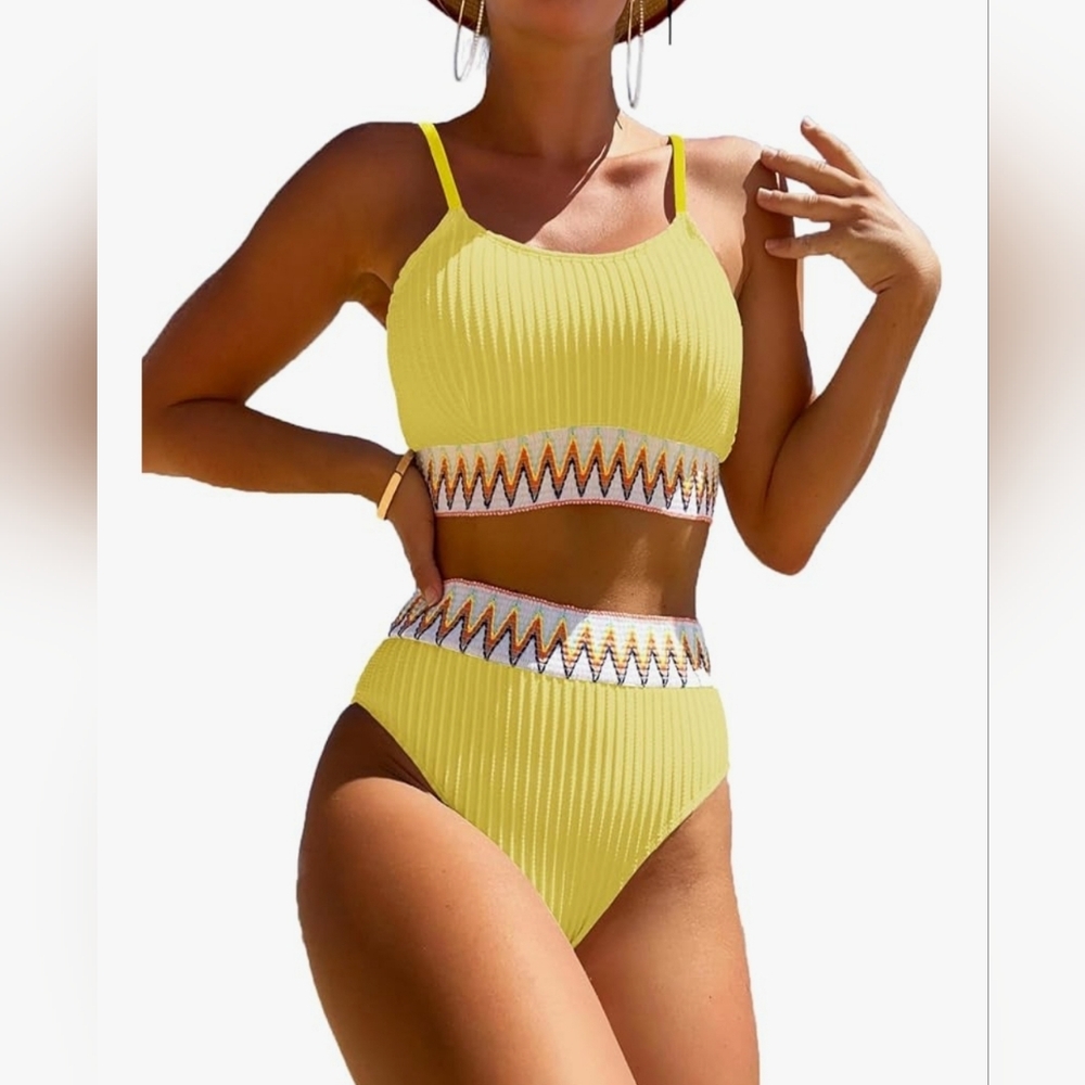 Women's High Waisted Swimsuit Two Piece Ribbed Bikini Set